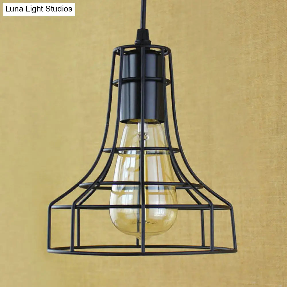 Antique-Style Open Cage Pendant Lamp In Black For Hallway