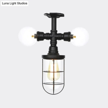 Antique Style Semi-Flush Ceiling Light - Clear Glass Flush Mounted Lamp With Cage In Black 3 Bulbs