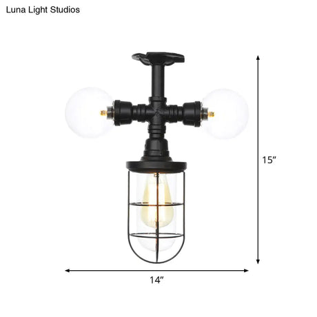 Antique Style Semi-Flush Ceiling Light - Clear Glass Flush Mounted Lamp With Cage In Black 3 Bulbs