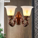 Antique Style Wall Sconce With Brown Bell Shade And Milky Glass 1/2-Head - Perfect For Bedside