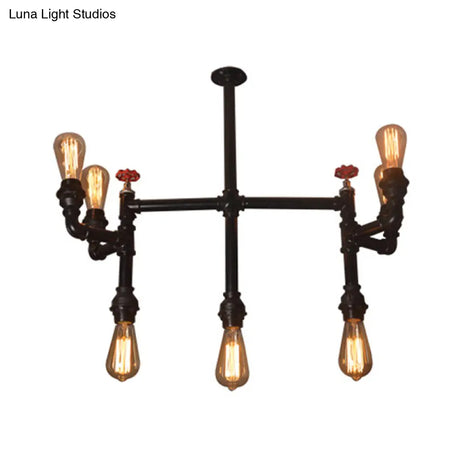 Antique Style Water Pipe Hanging Pendant Light With 7 Bulbs Metallic Chandelier Lighting - Black