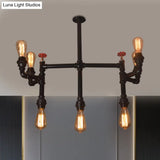 Antique Style Water Pipe Hanging Pendant Light With 7 Bulbs Metallic Chandelier Lighting - Black