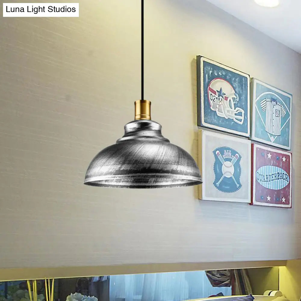 Antique Style Wrought Iron Dome Lamp - 1 Head Restaurant Hanging Light Silver/Bronze/Rust 12’/14