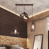 Antique Style Wrought Iron Pendant Lamp - 3-Head Caged Design For Dining Room Ceiling Rust Finish /
