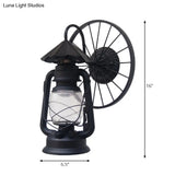 Antique Stylish Black/Bronze Finish Lantern Wall Sconce Light Wrought Iron Mounted Lamp With Wheel