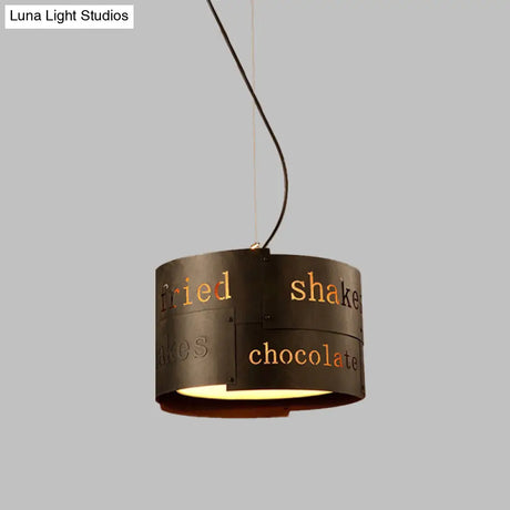 Antiqued Black Iron Drum Chandelier With 3 Heads - Ceiling Hang Fixture Lettering Design