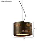 Antiqued Black Iron Drum Chandelier With 3 Heads - Ceiling Hang Fixture Lettering Design