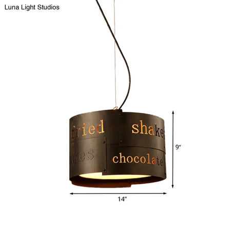 Antiqued Black Iron Drum Chandelier With 3 Heads - Ceiling Hang Fixture Lettering Design