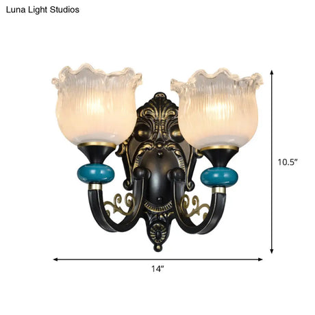 Antiqued Black Opal Ribbed Glass Floral Sconce Light Fixture - Wall Mounted Lamp