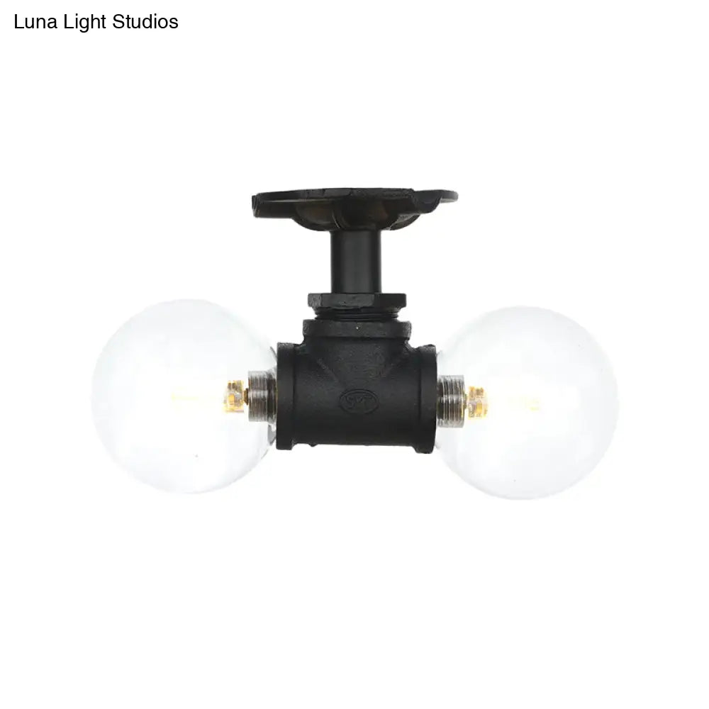 Antiqued Black Semi Mount Lighting With Clear Glass - 2 - Light Sphere Flush Mounted Lamp