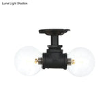 Antiqued Black Semi Mount Lighting With Clear Glass - 2 - Light Sphere Flush Mounted Lamp