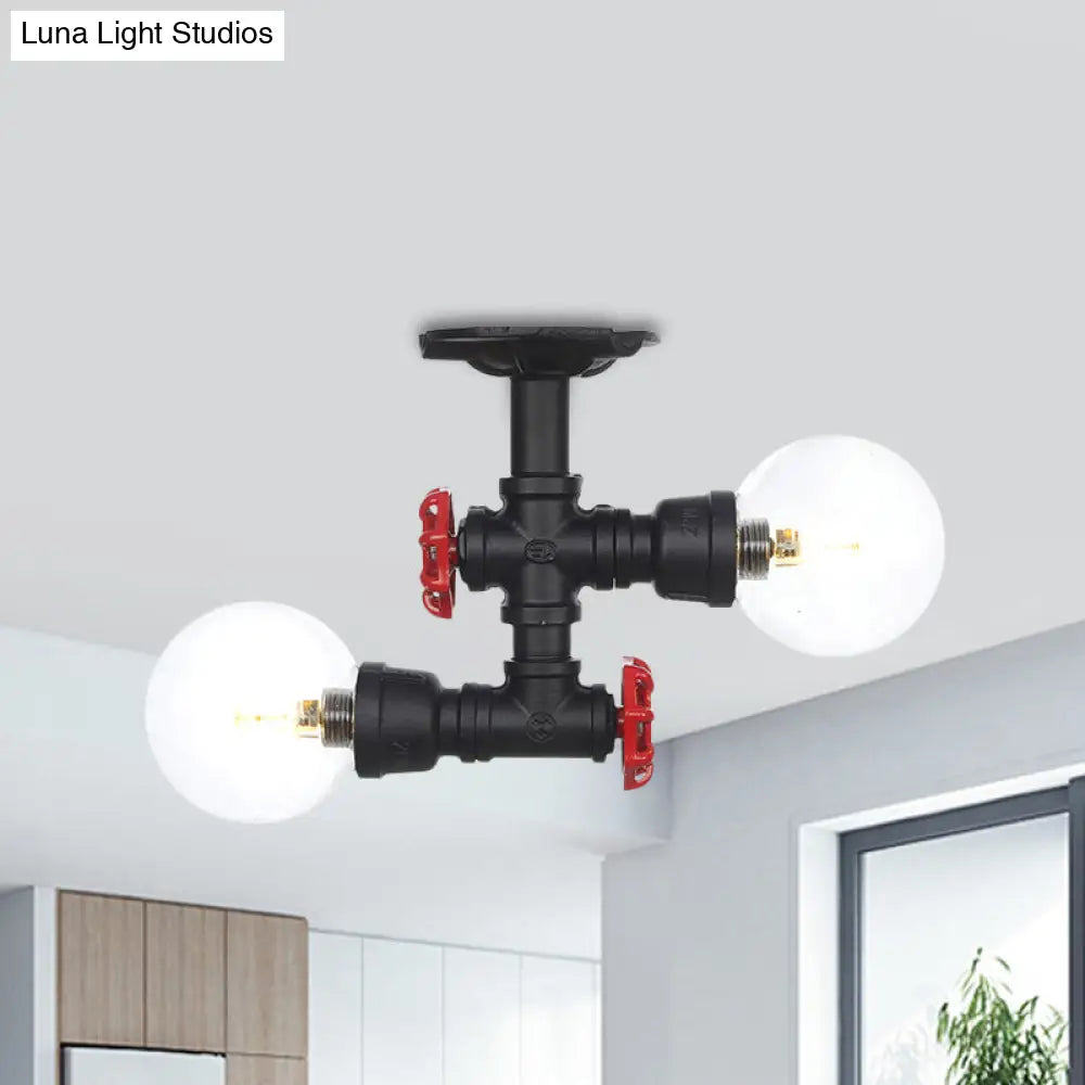 Antiqued Black Semi Mount Lighting With Clear Glass - 2 - Light Sphere Flush Mounted Lamp