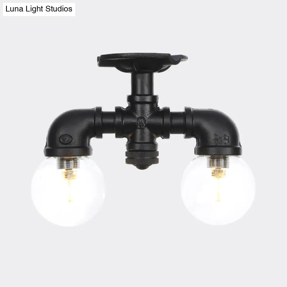 Antiqued Black Semi Mount Lighting With Clear Glass - 2 - Light Sphere Flush Mounted Lamp
