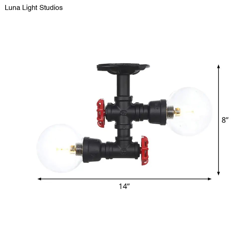 Antiqued Black Semi Mount Lighting With Clear Glass - 2 - Light Sphere Flush Mounted Lamp