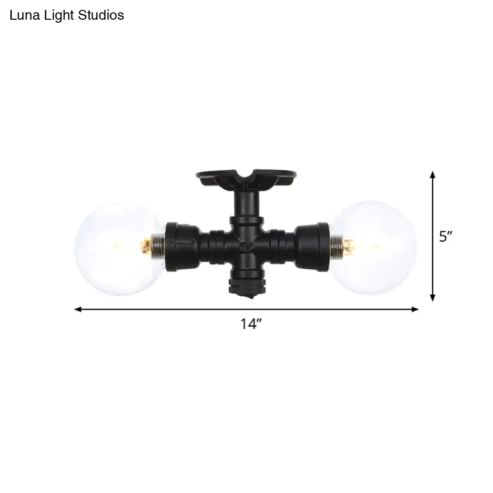 Antiqued Black Semi Mount Lighting With Clear Glass - 2 - Light Sphere Flush Mounted Lamp