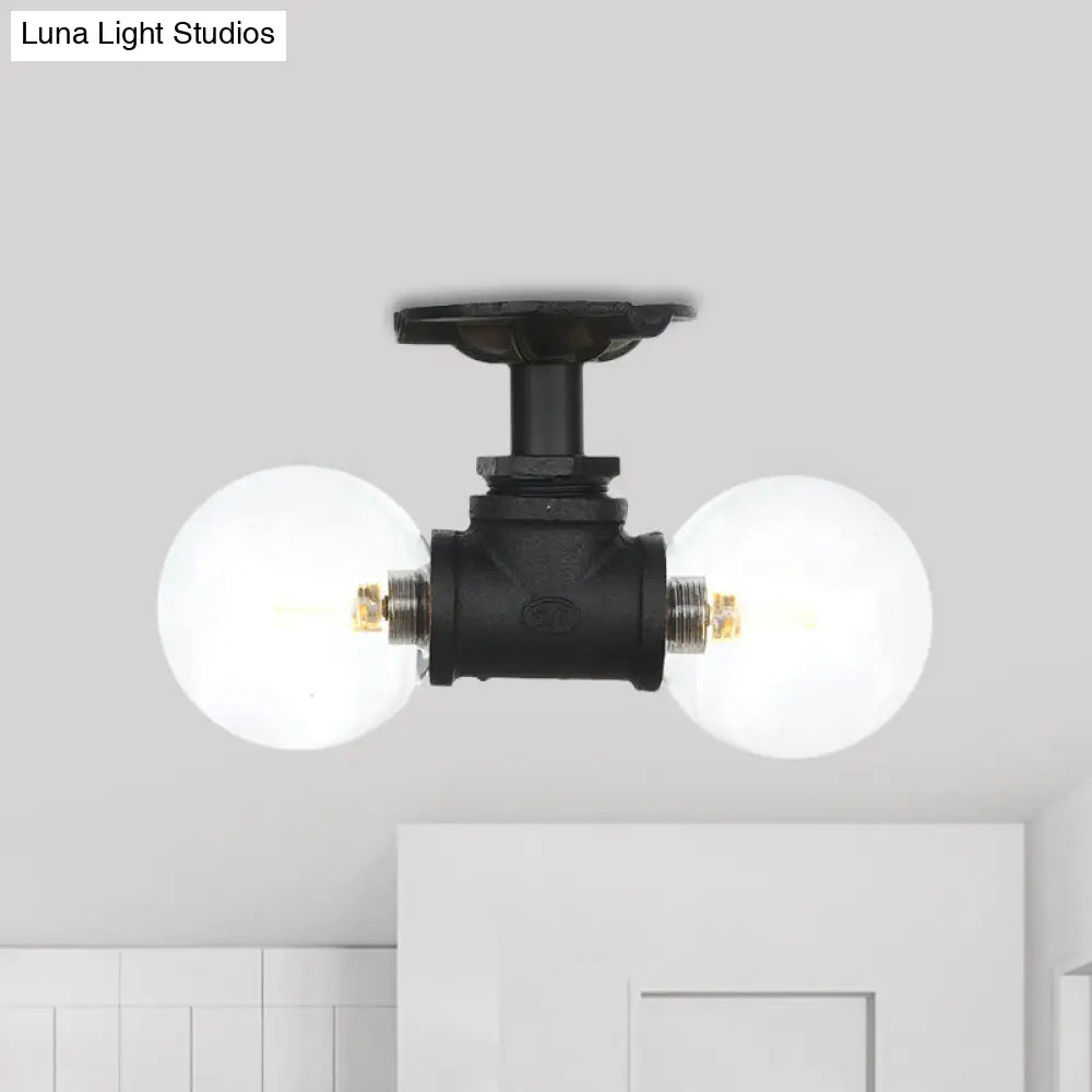 Antiqued Black Semi Mount Lighting With Clear Glass - 2 - Light Sphere Flush Mounted Lamp