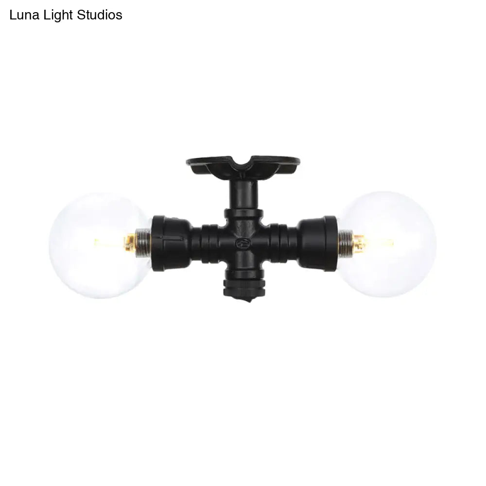Antiqued Black Semi Mount Lighting With Clear Glass - 2 - Light Sphere Flush Mounted Lamp