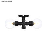 Antiqued Black Semi Mount Lighting With Clear Glass - 2 - Light Sphere Flush Mounted Lamp