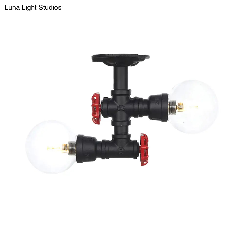 Antiqued Black Semi Mount Lighting With Clear Glass - 2 - Light Sphere Flush Mounted Lamp