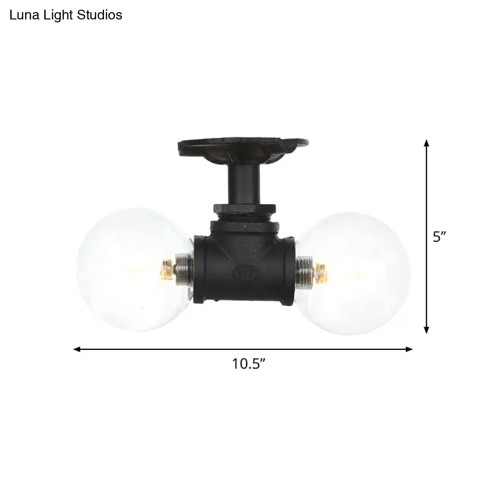 Antiqued Black Semi Mount Lighting With Clear Glass - 2 - Light Sphere Flush Mounted Lamp