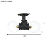 Antiqued Black Semi Mount Lighting With Clear Glass - 2 - Light Sphere Flush Mounted Lamp