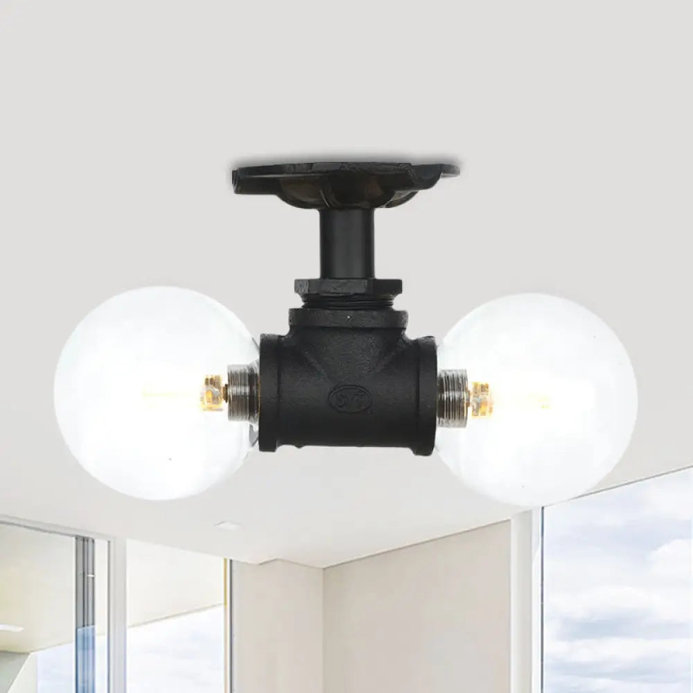 Antiqued Black Semi Mount Lighting With Clear Glass - 2 - Light Sphere Flush Mounted Lamp / C