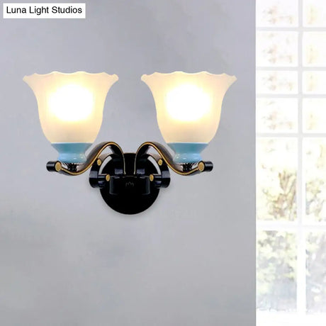 Antiqued Black Wall Lamp With Frosted Ribbed Glass - Perfect Living Room Lighting