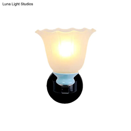 Antiqued Black Wall Lamp With Frosted Ribbed Glass - Perfect Living Room Lighting