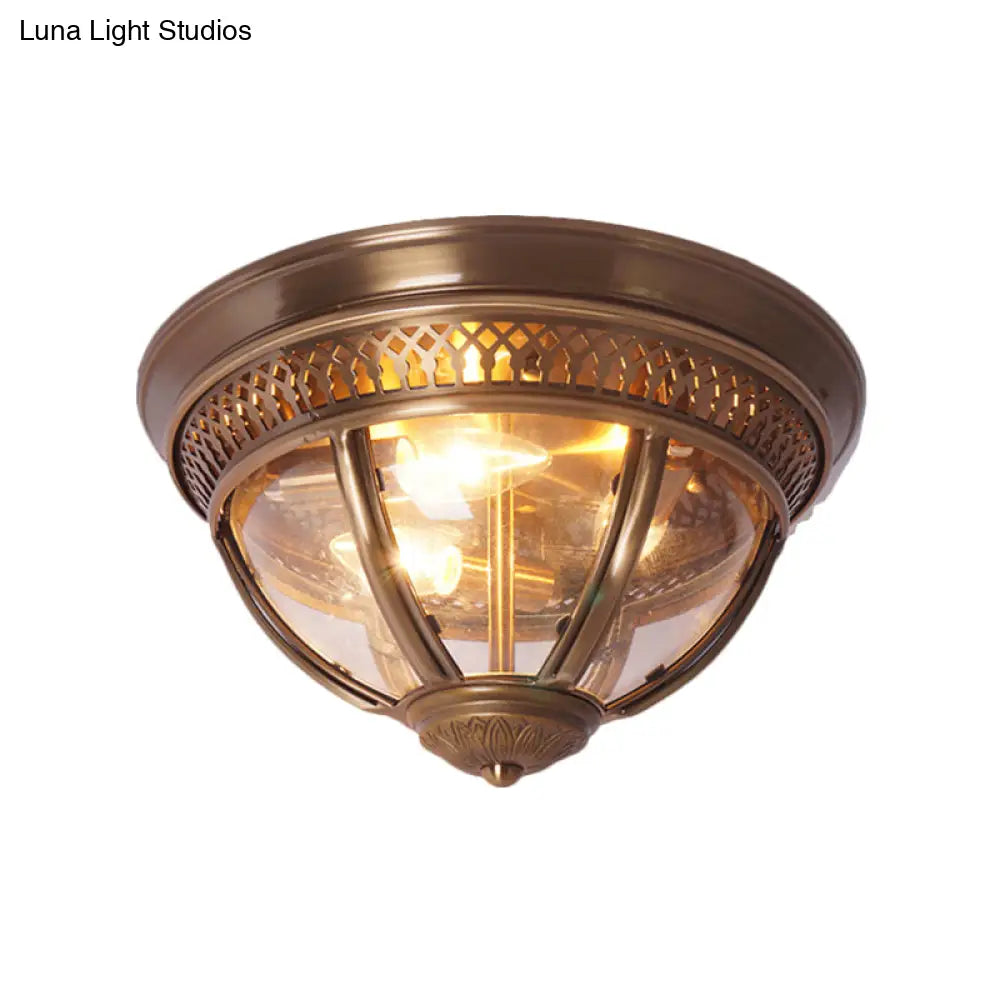 Antiqued Brass/Brown Semi Flush Lamp - Clear Glass 1 - Light Mount With Pierced Trim Design