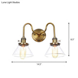 Antiqued Brass Wall Mounted Lamp With Conical/Spherical Shades And Adjustable Arms - 2-Light Fixture