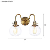Antiqued Brass Wall Mounted Lamp With Conical/Spherical Shades And Adjustable Arms - 2-Light Fixture