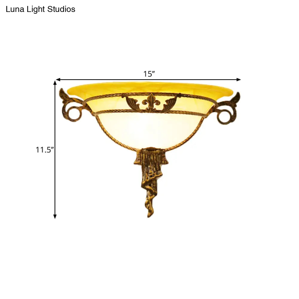 Antiqued Brass Wall Sconce With Milky Glass Bowl - 1 Light Flush Mount For Bedroom