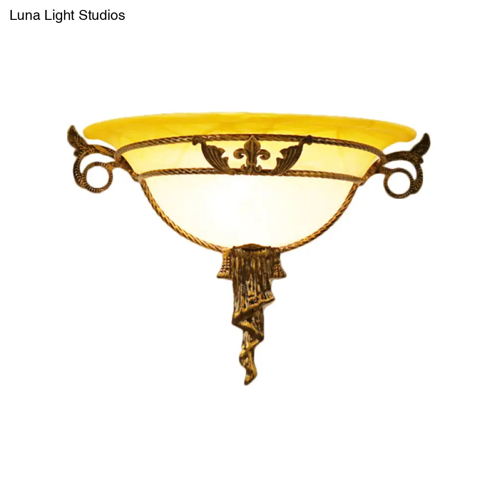 Antiqued Brass Wall Sconce With Milky Glass Bowl - 1 Light Flush Mount For Bedroom