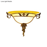 Antiqued Brass Wall Sconce With Milky Glass Bowl - 1 Light Flush Mount For Bedroom