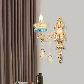 Antiqued Candlestick Wall Lamp With Crystal Sconce Light Fixture In Gold 1 /