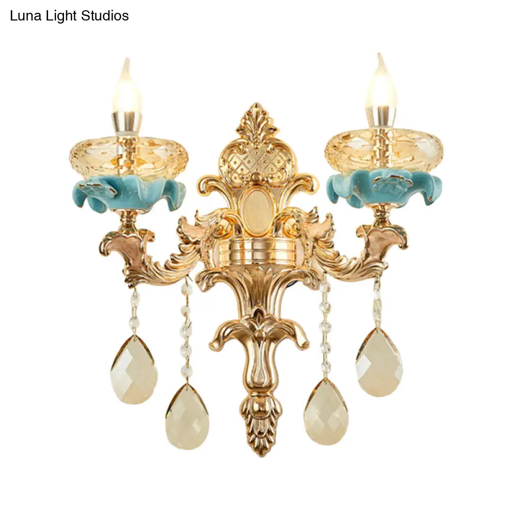 Antiqued Candlestick Wall Lamp With Crystal Sconce Light Fixture In Gold