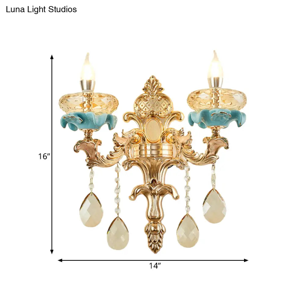 Antiqued Candlestick Wall Lamp With Crystal Sconce Light Fixture In Gold