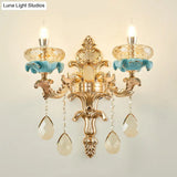 Antiqued Candlestick Wall Lamp With Crystal Sconce Light Fixture In Gold