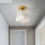 Antiqued Clear Fluted Glass Brass Flush Mount Lamp - Small Cubic Ceiling Fixture