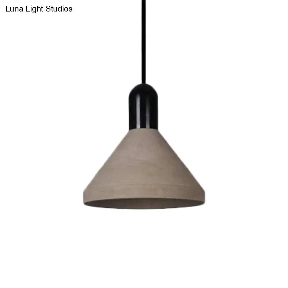 Antiqued Conical Cement Ceiling Light Restaurant Pendant Lamp In Grey With Wood Accents
