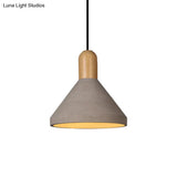 Antiqued Conical Cement Ceiling Light Restaurant Pendant Lamp In Grey With Wood Accents