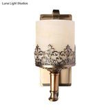 Antiqued Cylinder Wall Light With Single Bulb White Glass Etching In Gold