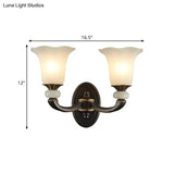 Antiqued Flower Wall Light Fixture - Black And Gold Frosted Glass Mounted Lamp