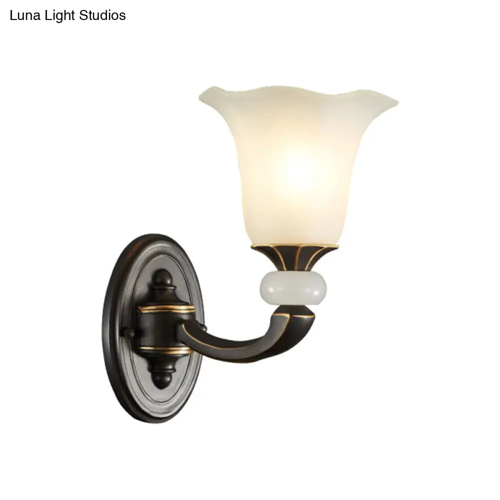 Antiqued Flower Wall Light Fixture - Black And Gold Frosted Glass Mounted Lamp