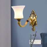 Antiqued Frosted Glass Bell Wall Lamp Fixture With Brass Accent For Bedroom Up Mounting 1 / A