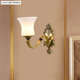 Antiqued Frosted Glass Bell Wall Lamp Fixture With Brass Accent For Bedroom Up Mounting