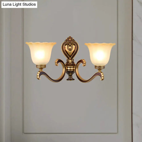 Antiqued Frosted Glass Bell Wall Lamp Fixture With Brass Accent For Bedroom Up Mounting
