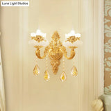 Antiqued Imitation Jade Gold Finish Wall Sconce With Crystal Drop - Candle Living Room Lamp