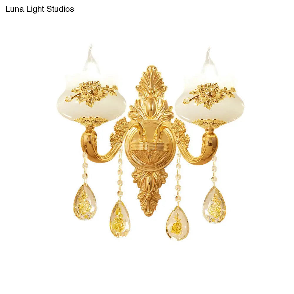 Antiqued Imitation Jade Gold Finish Wall Sconce With Crystal Drop - Candle Living Room Lamp