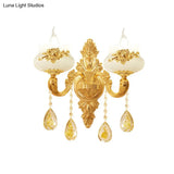 Antiqued Imitation Jade Gold Finish Wall Sconce With Crystal Drop - Candle Living Room Lamp